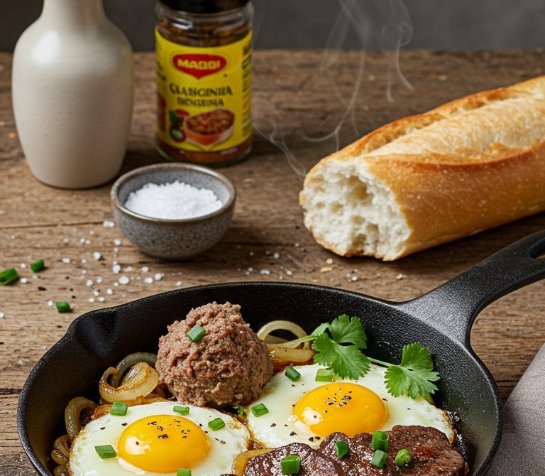 Sizzling Bo Ne Breakfast with Steak and Eggs
