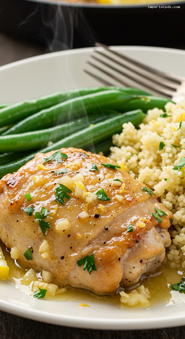 Skillet Lemon Garlic Chicken with Green Beans and Couscous – Closeup