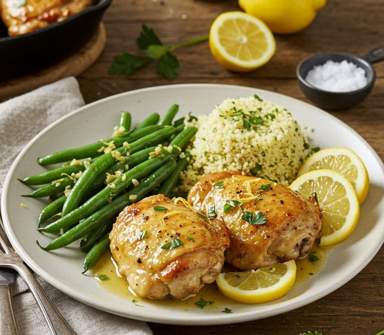Skillet Lemon Garlic Chicken with Green Beans and Couscous