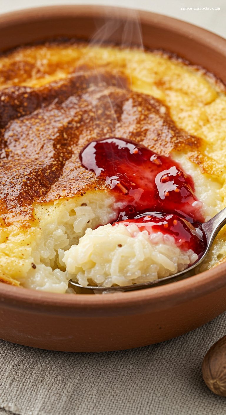 Slow-Baked Rice Pudding with Vanilla and Nutmeg – Closeup