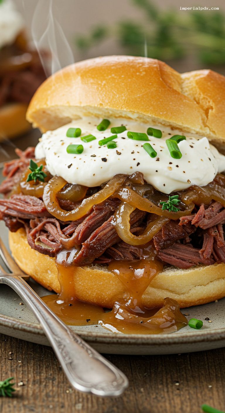 Slow-Braised Beef Sandwiches with Caramelized Onions – Closeup