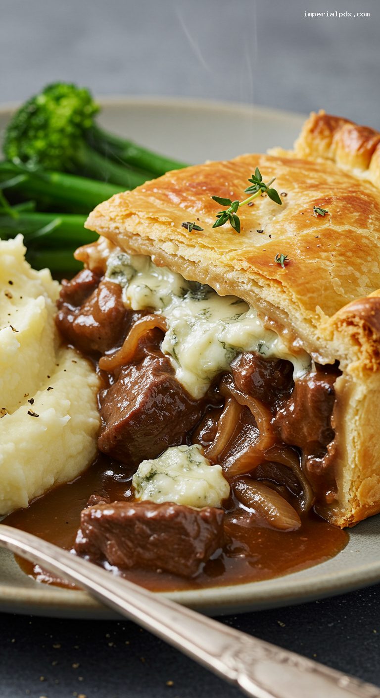 Slow-Cooked Beef and Stilton Pie with Mushrooms – Closeup