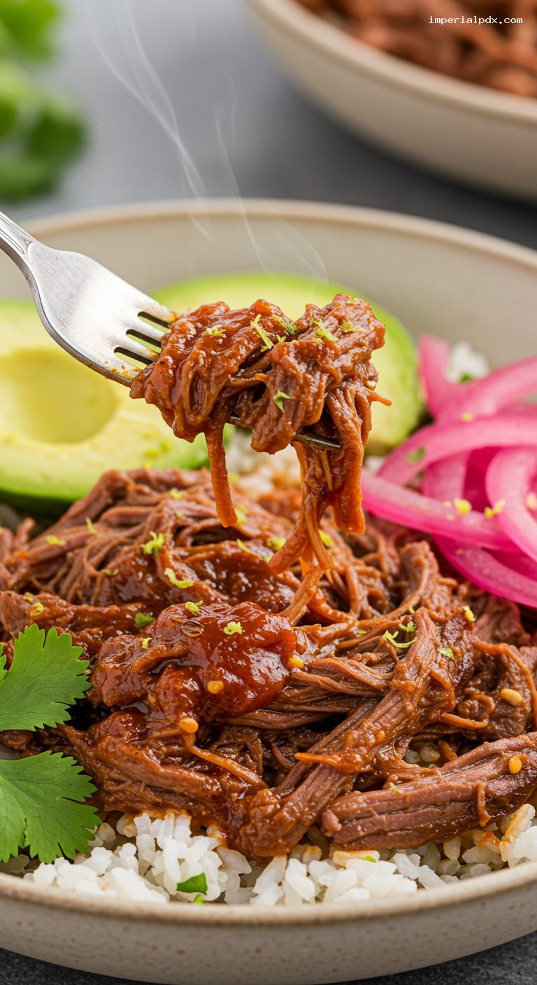 Slow Cooker Barbacoa Beef Bowls with Rice and Avocado – Closeup