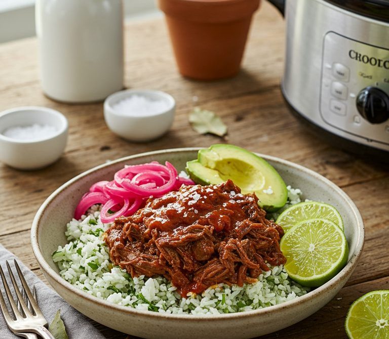 Slow Cooker Barbacoa Beef Bowls with Rice and Avocado