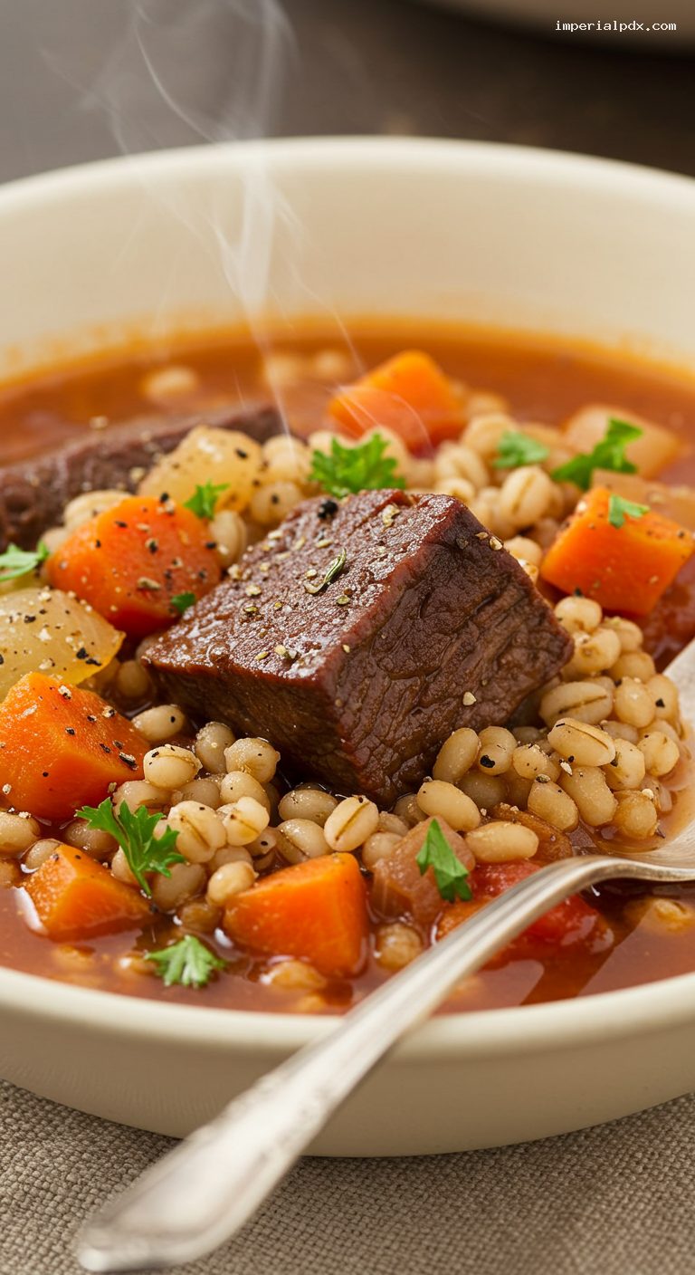 Slow Cooker Beef and Barley Soup – Closeup