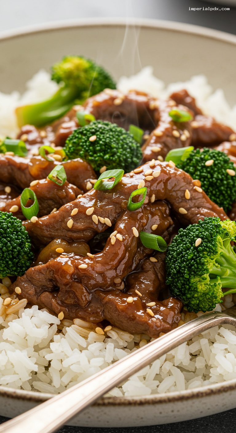 Slow Cooker Beef and Broccoli Over Rice – Closeup