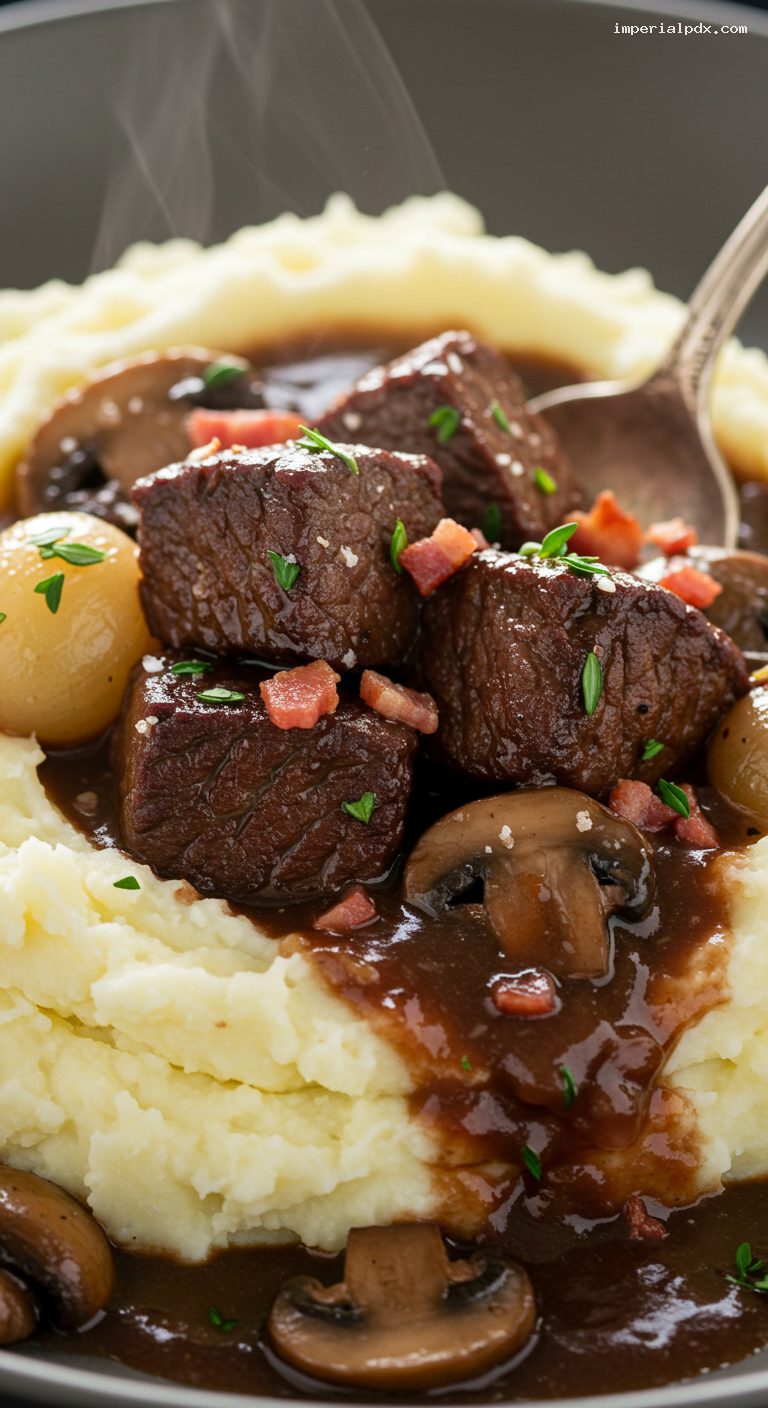 Slow Cooker Beef Bourguignon Over Mashed Potatoes – Closeup
