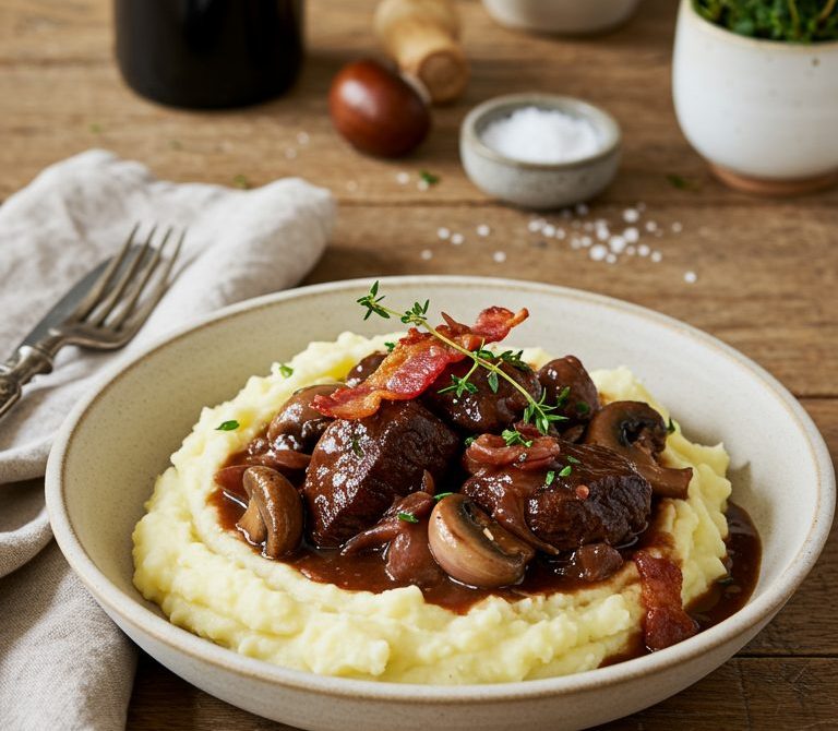 Slow Cooker Beef Bourguignon Over Mashed Potatoes