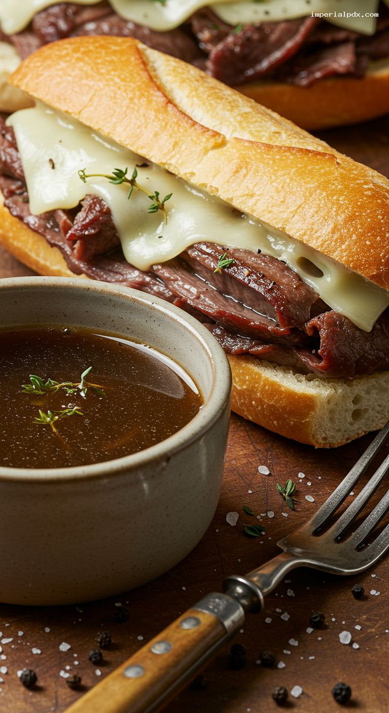 Slow Cooker Beef French Dip with Au Jus – Closeup