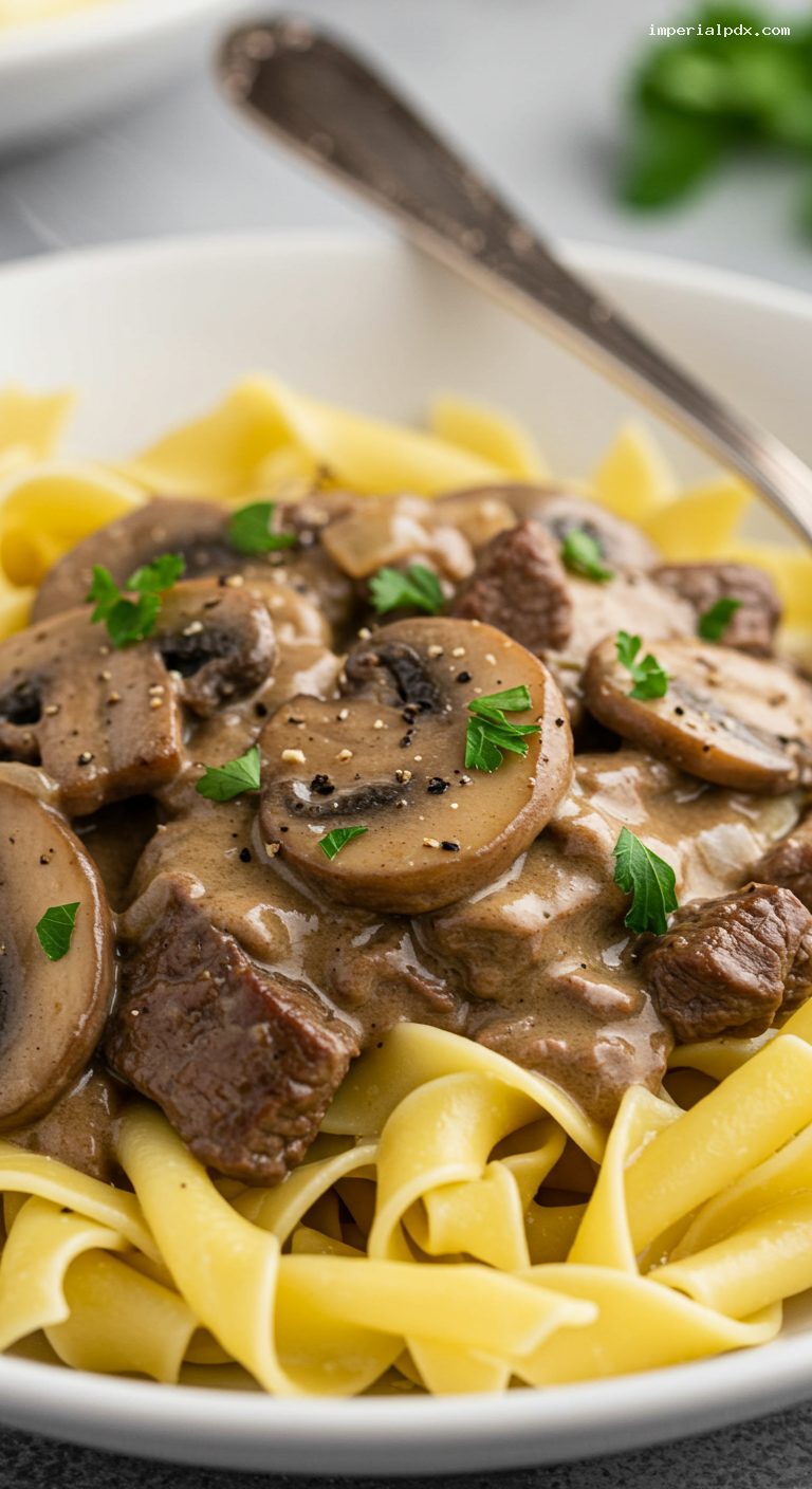 Slow Cooker Beef Stroganoff Over Egg Noodles – Closeup