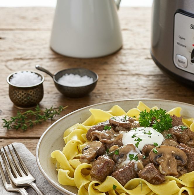 Slow Cooker Beef Stroganoff Over Egg Noodles