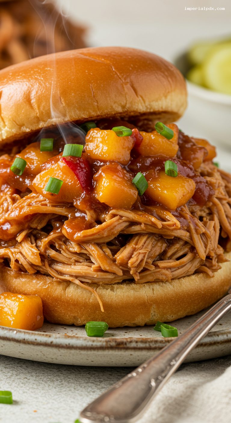 Slow Cooker Bourbon Peach BBQ Pulled Chicken – Closeup