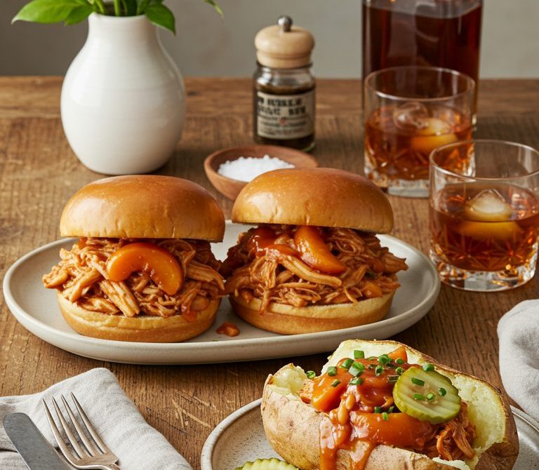 Slow Cooker Bourbon Peach BBQ Pulled Chicken