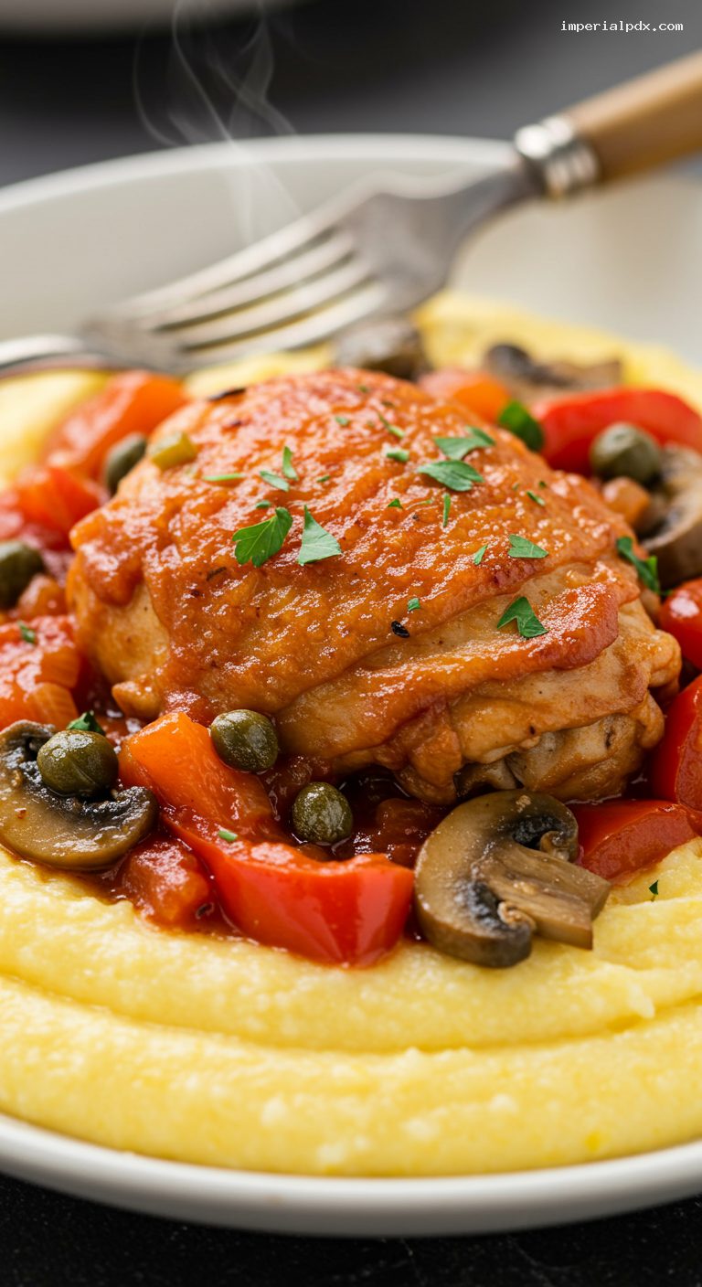 Slow Cooker Chicken Cacciatore (Bone-In Thighs) with Creamy Polenta or Buttered Noodles – Closeup