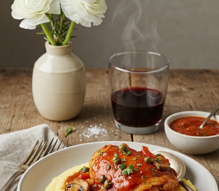 Slow Cooker Chicken Cacciatore (Bone-In Thighs) with Creamy Polenta or Buttered Noodles