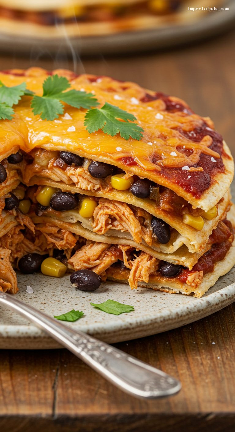 Slow Cooker Chicken Enchilada Stack Casserole – Closeup