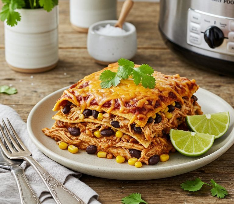 Slow Cooker Chicken Enchilada Stack Casserole