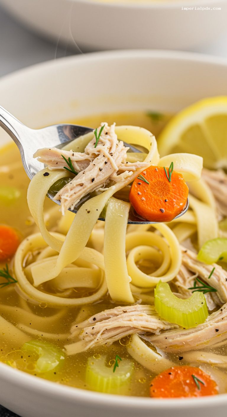 Slow Cooker Chicken Noodle Soup with Lemon and Dill – Closeup