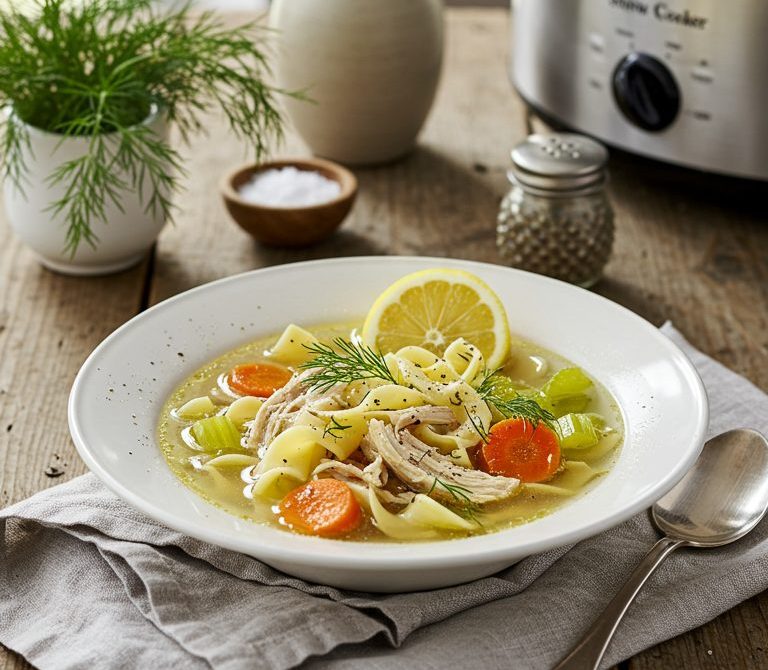 Slow Cooker Chicken Noodle Soup with Lemon and Dill