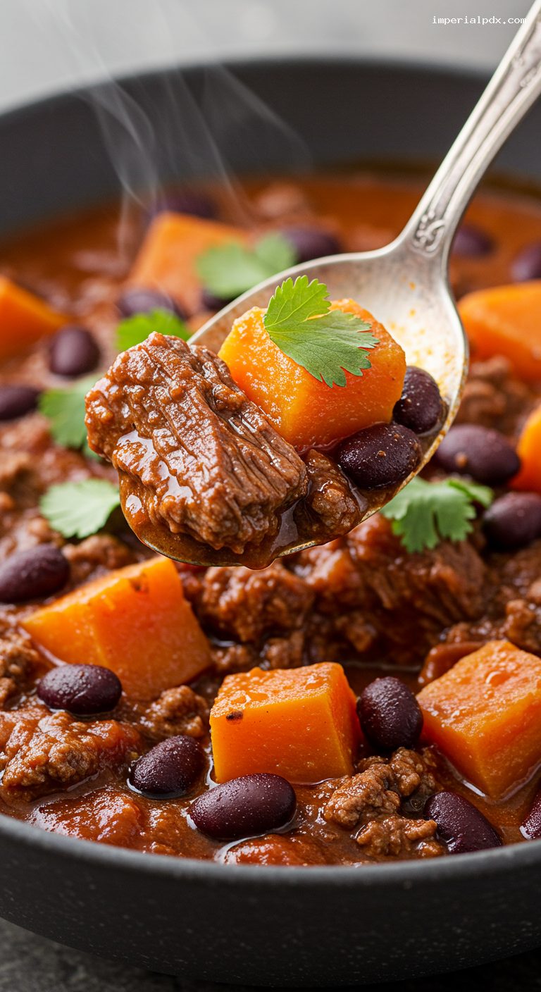 Slow Cooker Chipotle Beef and Sweet Potato Chili – Closeup