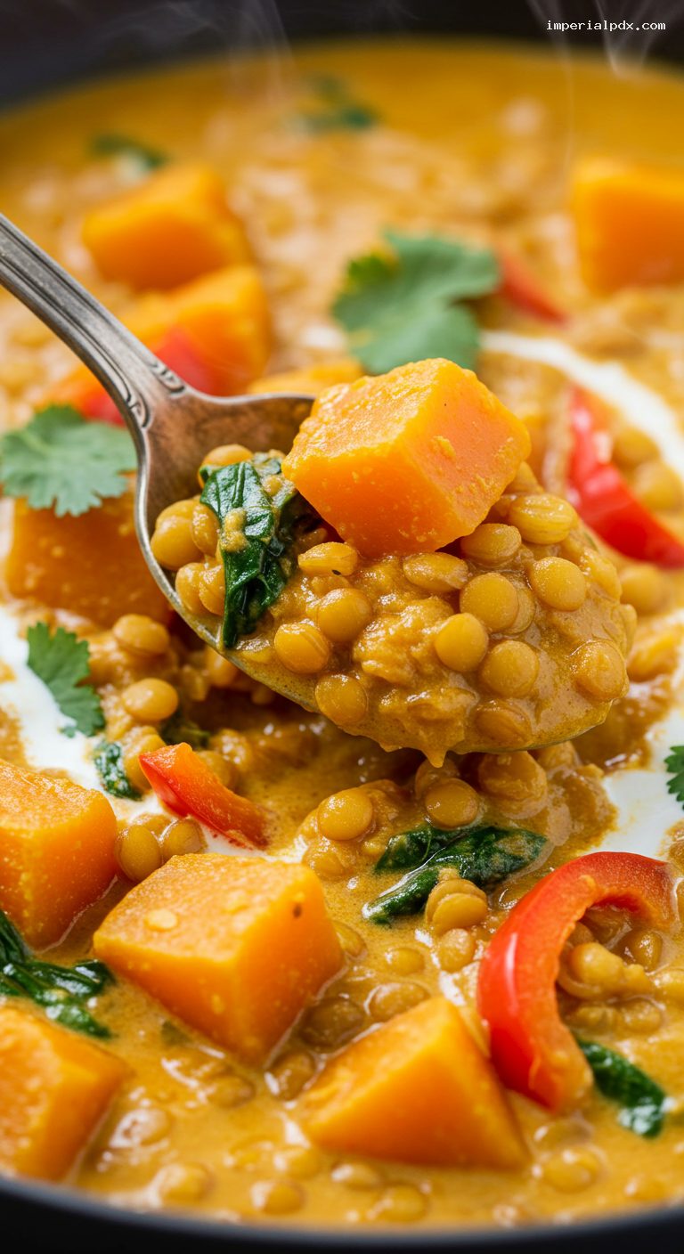 Slow Cooker Coconut Red Curry Lentil Stew – Closeup