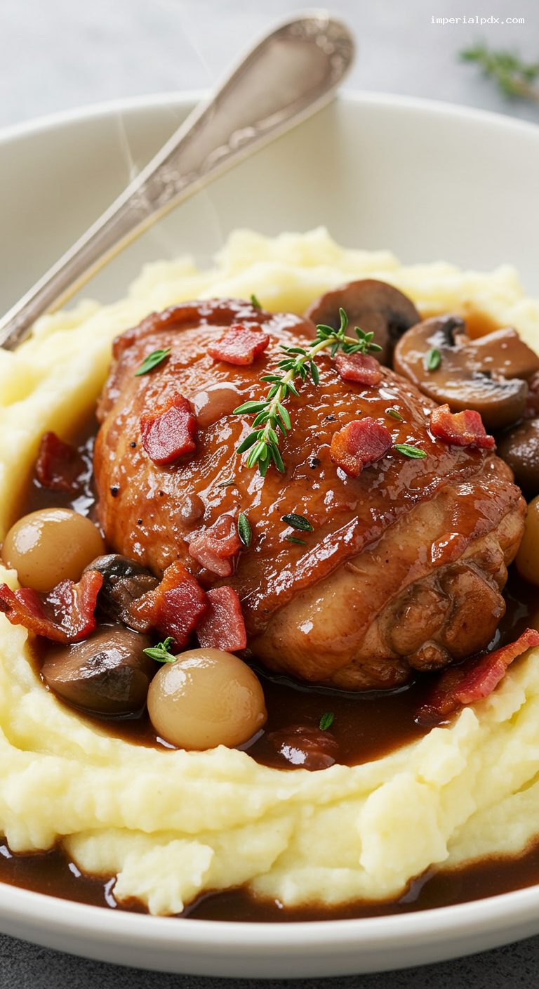 Slow Cooker Coq au Vin with Mashed Potatoes – Closeup