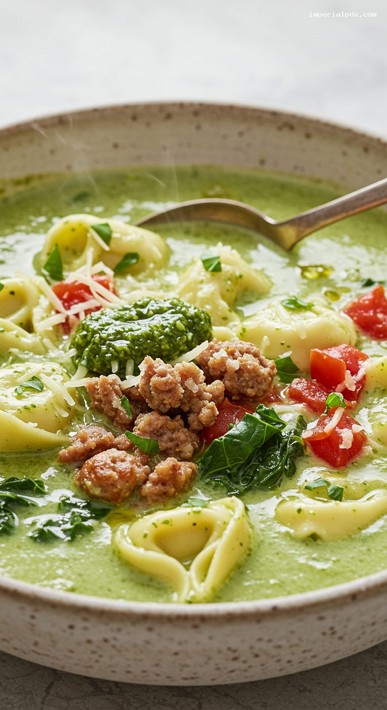 Slow Cooker Creamy Pesto Tortellini and Sausage Soup – Closeup