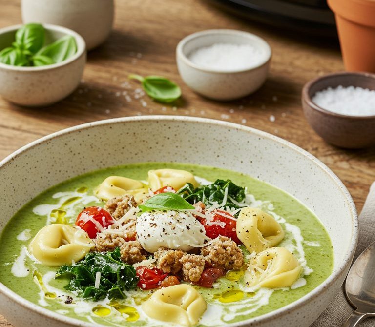Slow Cooker Creamy Pesto Tortellini and Sausage Soup