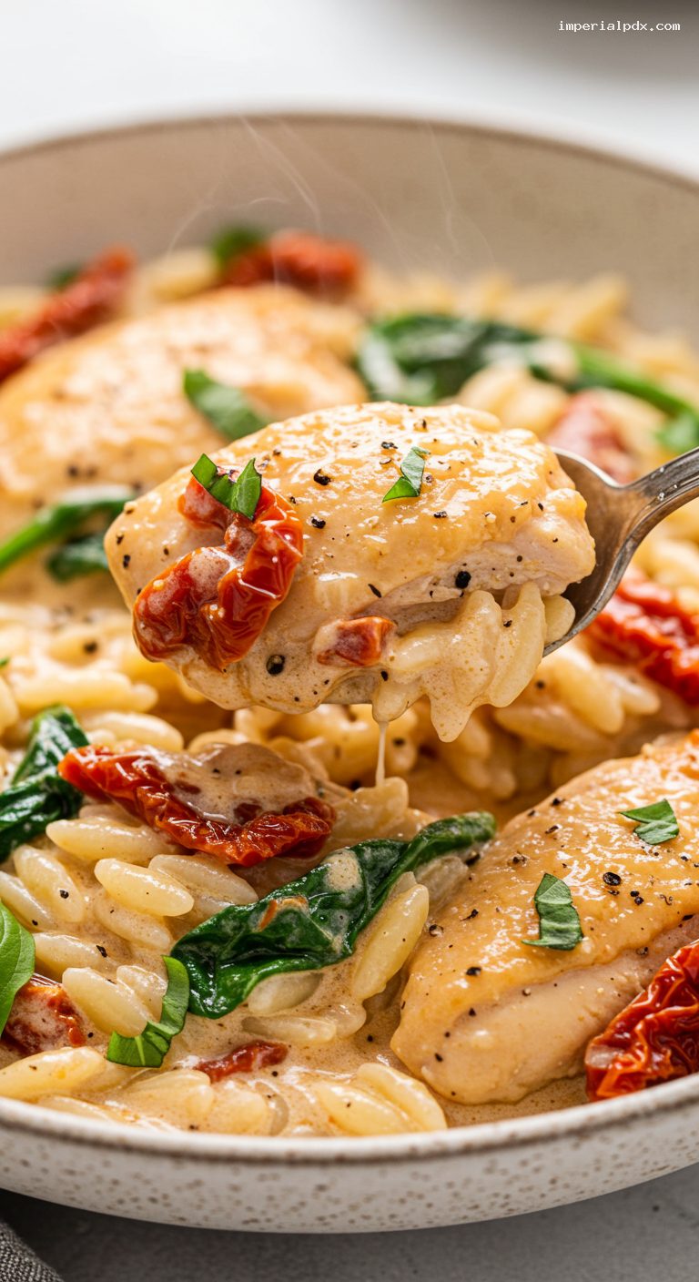 Slow Cooker Creamy Sun-Dried Tomato Chicken Orzo – Closeup