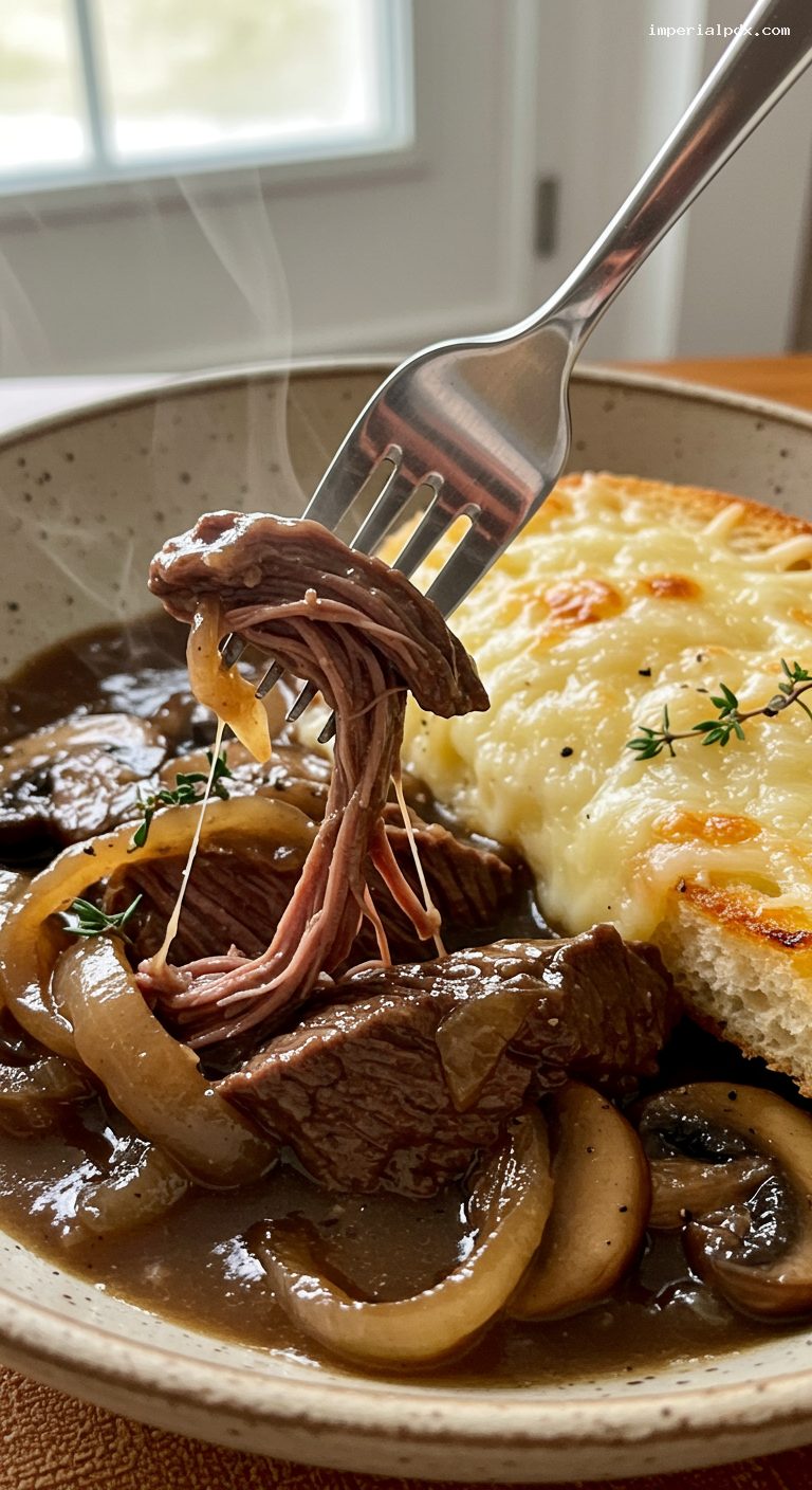 Slow Cooker French Onion Mushroom Pot Roast with Gruyère Toasts – Closeup