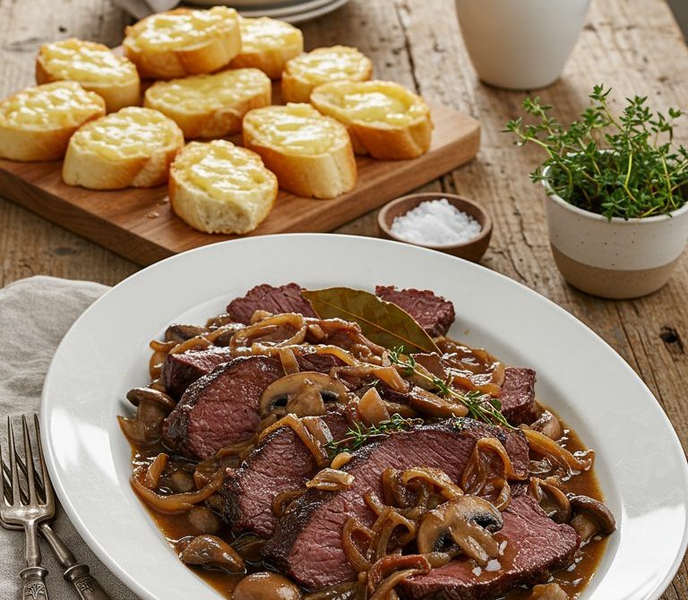 Slow Cooker French Onion Mushroom Pot Roast with Gruyère Toasts