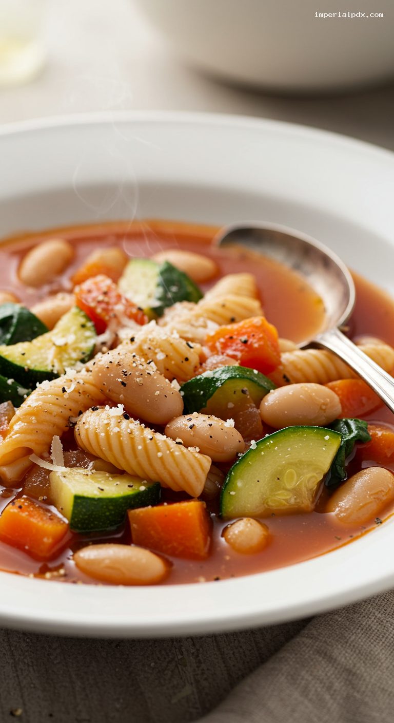 Slow Cooker Garden Minestrone with White Beans and Ditalini – Closeup