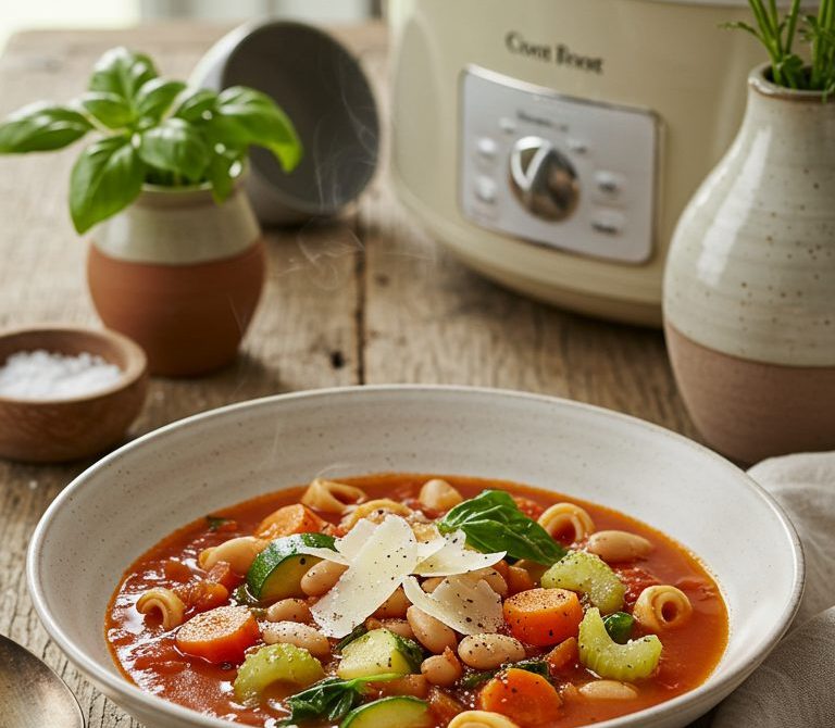 Slow Cooker Garden Minestrone with White Beans and Ditalini