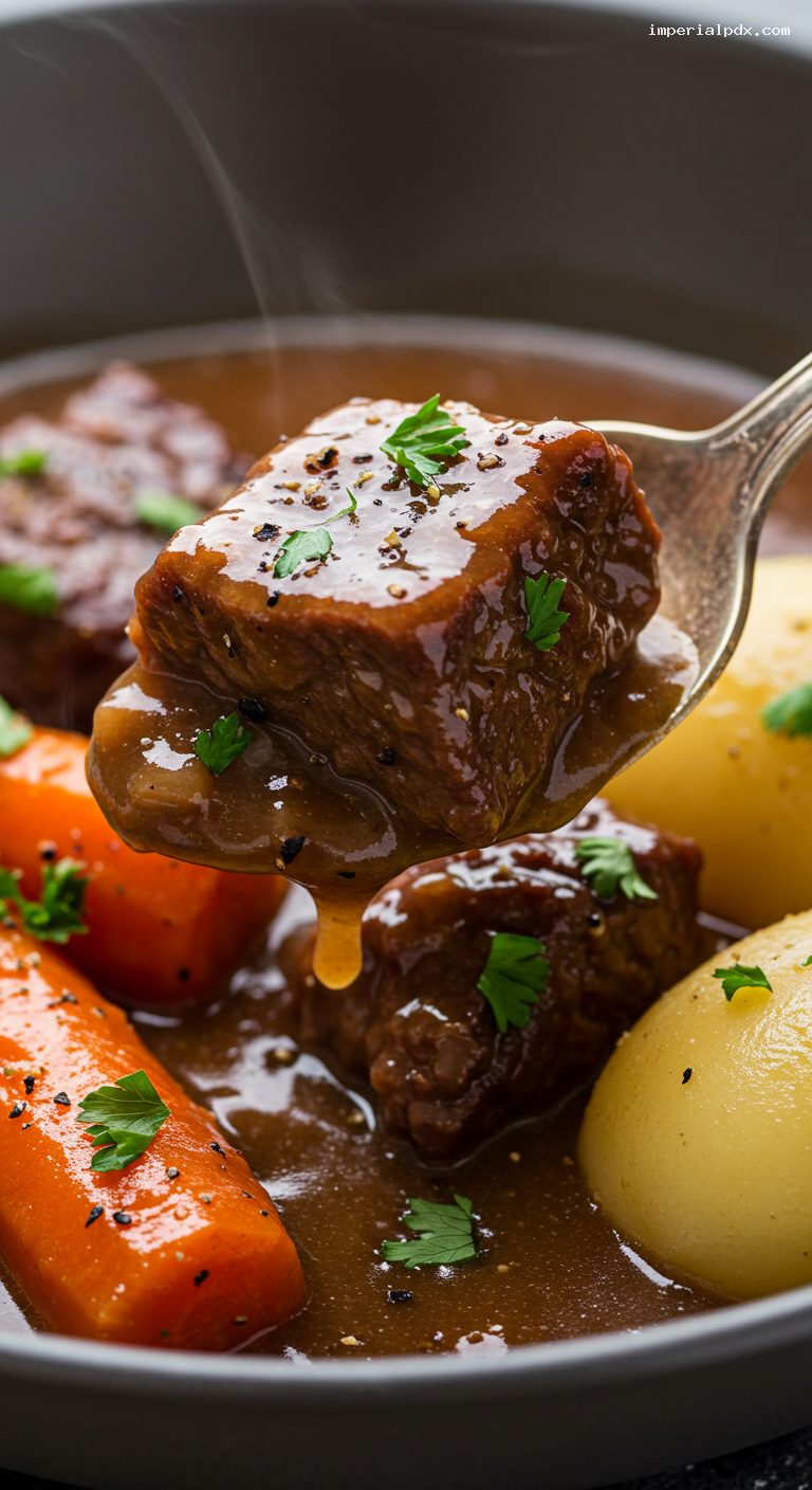 Slow Cooker Guinness Beef and Root Vegetable Stew – Closeup