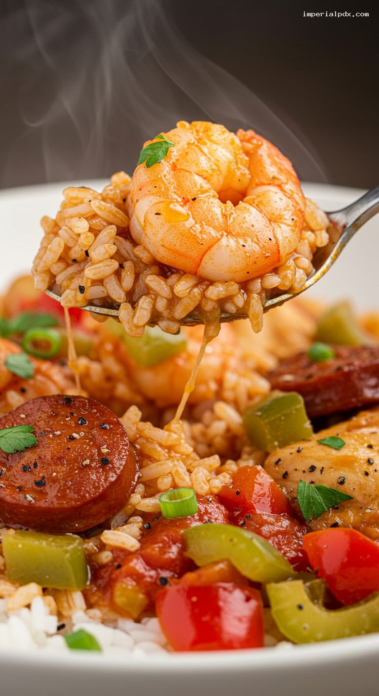 Slow Cooker Jambalaya with Chicken, Sausage, and Shrimp – Closeup