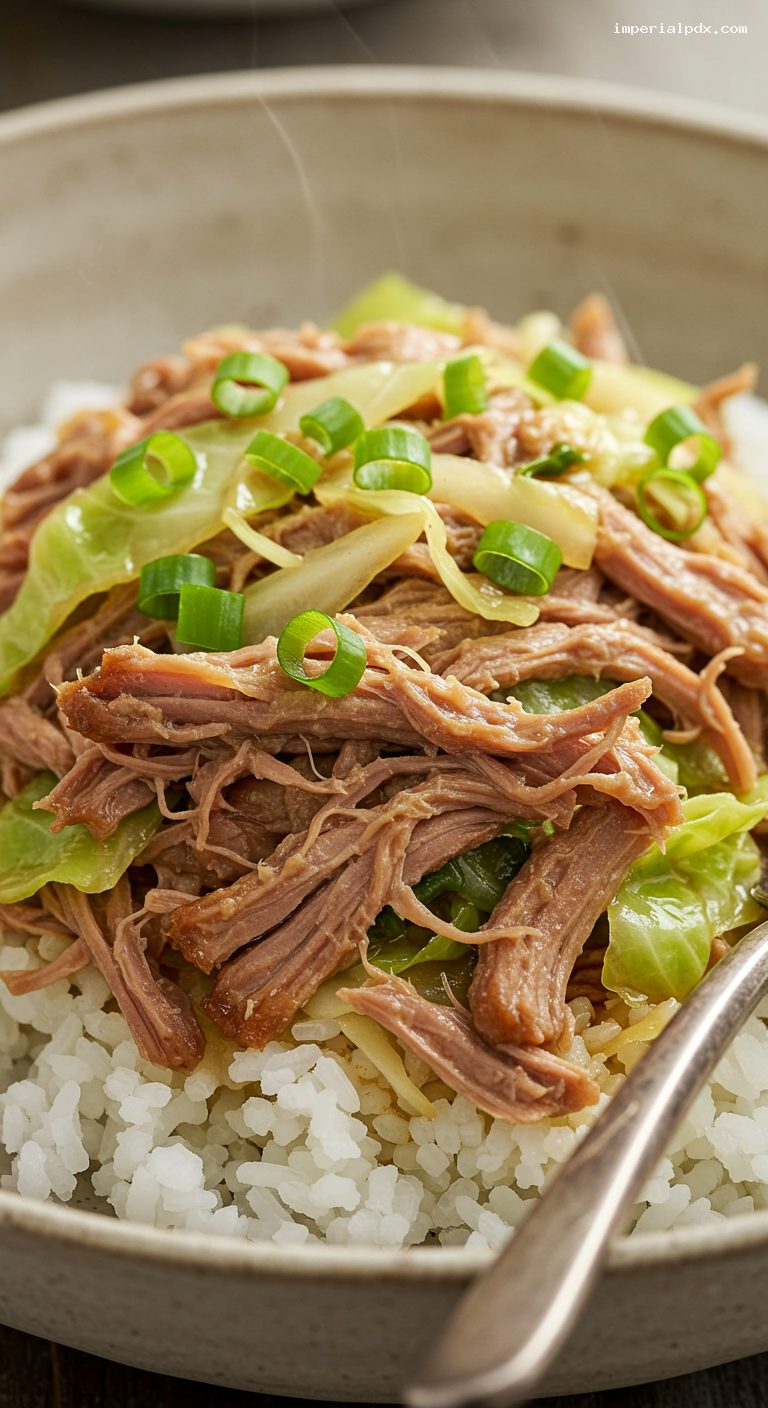 Slow Cooker Kalua Pork and Cabbage Over Rice – Closeup