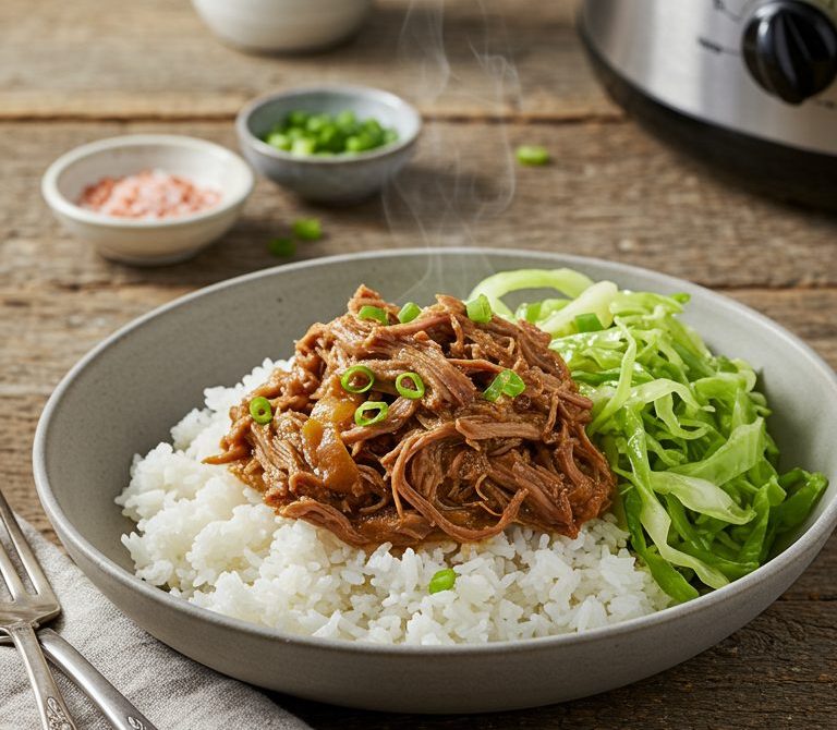 Slow Cooker Kalua Pork and Cabbage Over Rice