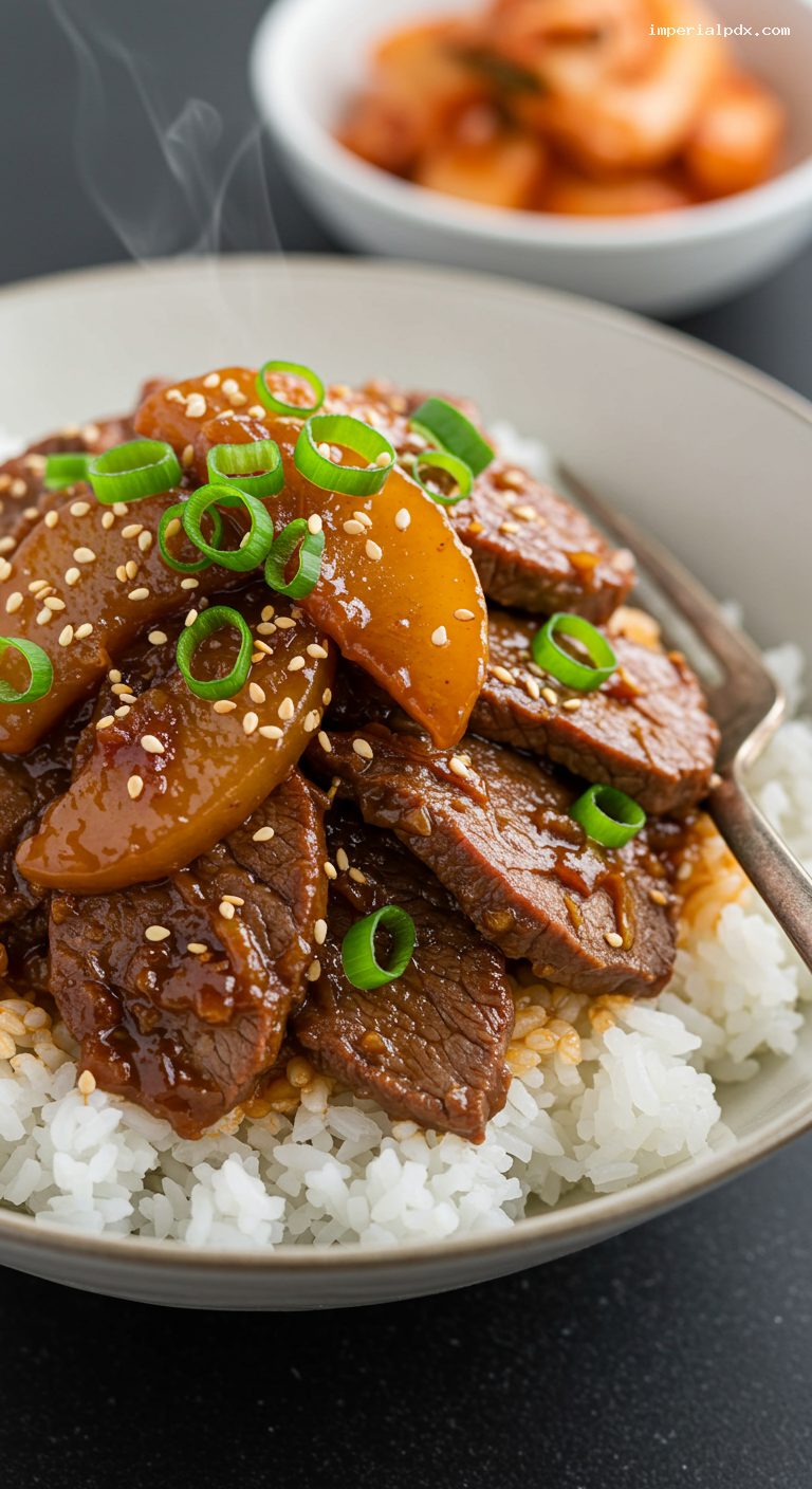 Slow Cooker Korean Sweet Soy Beef Over Rice – Closeup