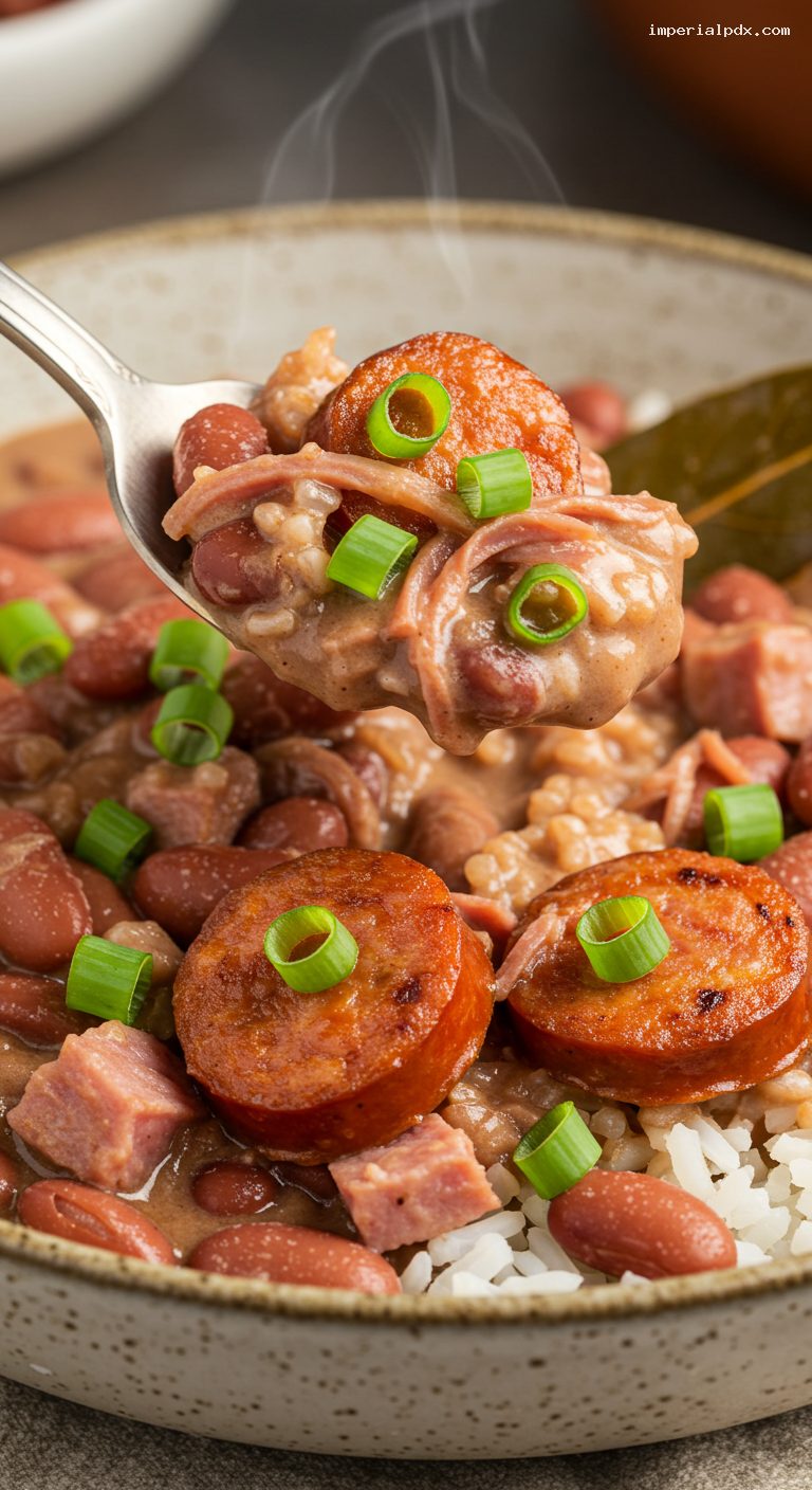 Slow Cooker Louisiana Red Beans and Rice with Andouille – Closeup