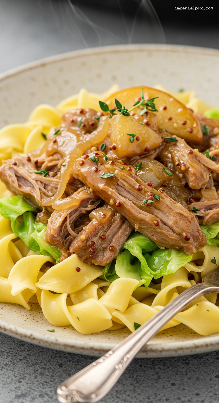 Slow Cooker Maple-Dijon Pork and Cabbage Over Noodles – Closeup