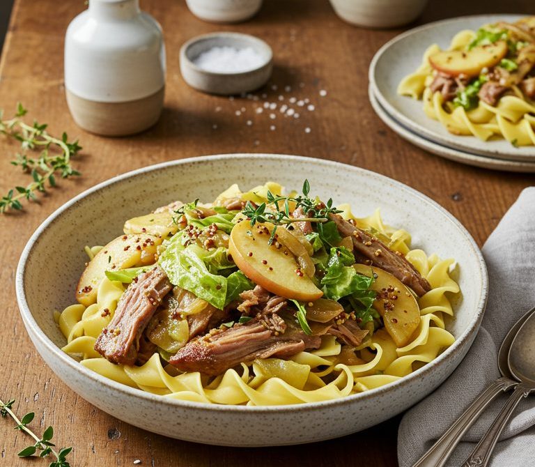 Slow Cooker Maple-Dijon Pork and Cabbage Over Noodles