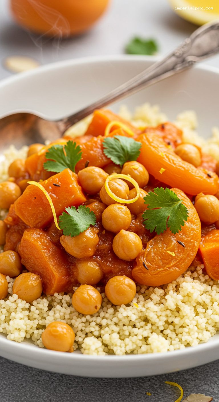 Slow Cooker Moroccan Chickpea and Apricot Tagine Over Couscous – Closeup