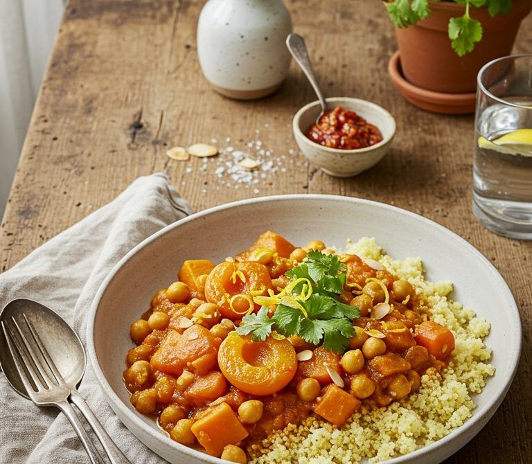Slow Cooker Moroccan Chickpea and Apricot Tagine Over Couscous