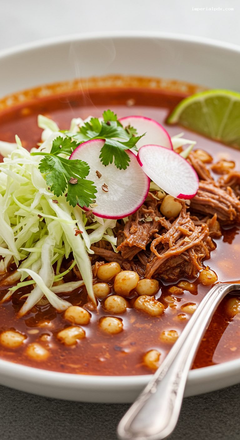 Slow Cooker Pozole Rojo with Pork and Hominy – Closeup