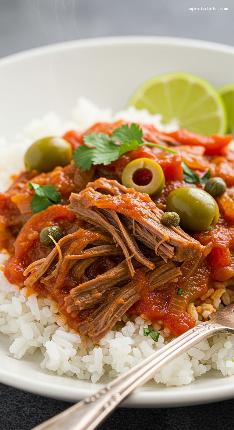 Slow Cooker Ropa Vieja with Peppers and Olives – Closeup