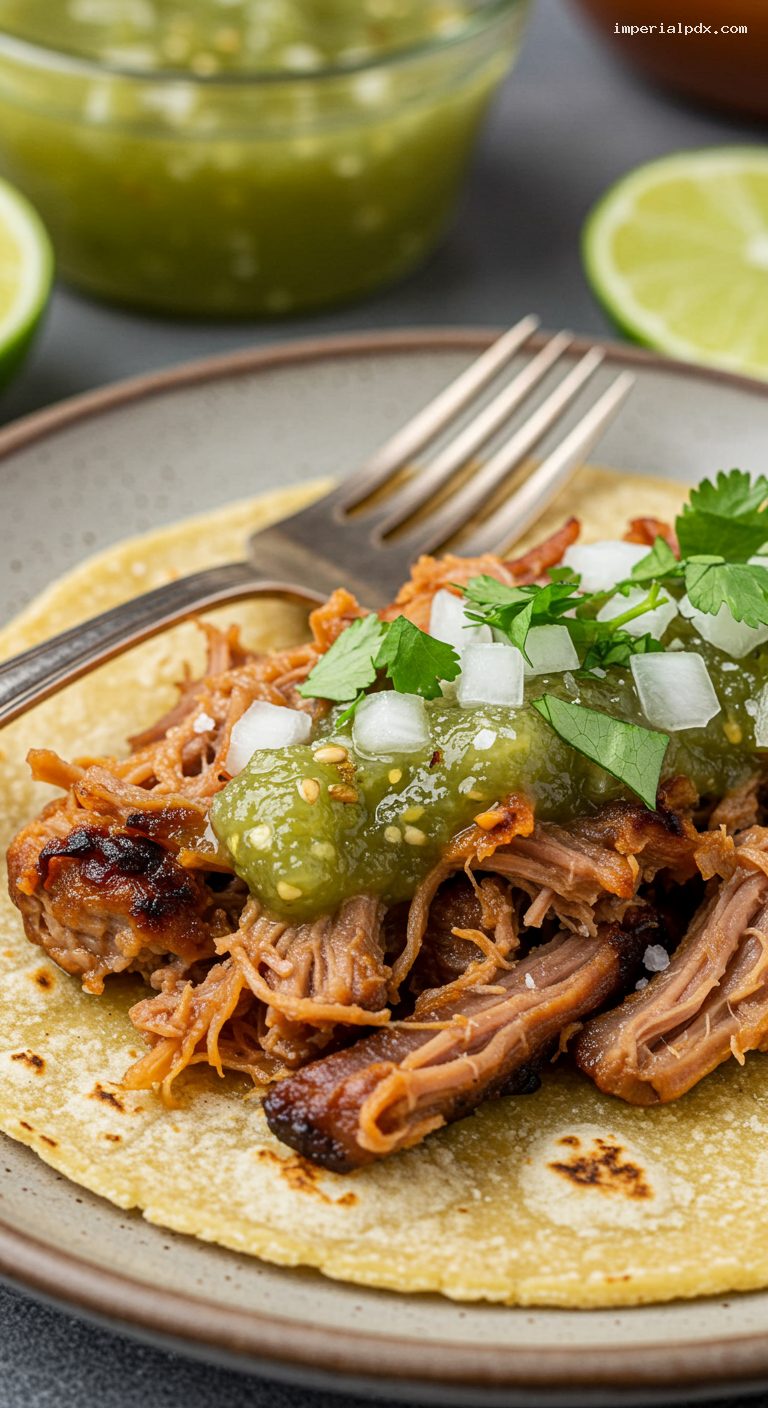 Slow Cooker Salsa Verde Carnitas Tacos – Closeup