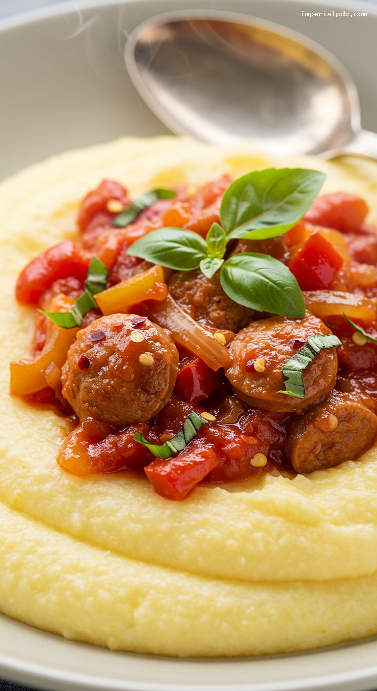 Slow Cooker Sausage and Peppers Ragù with Polenta – Closeup