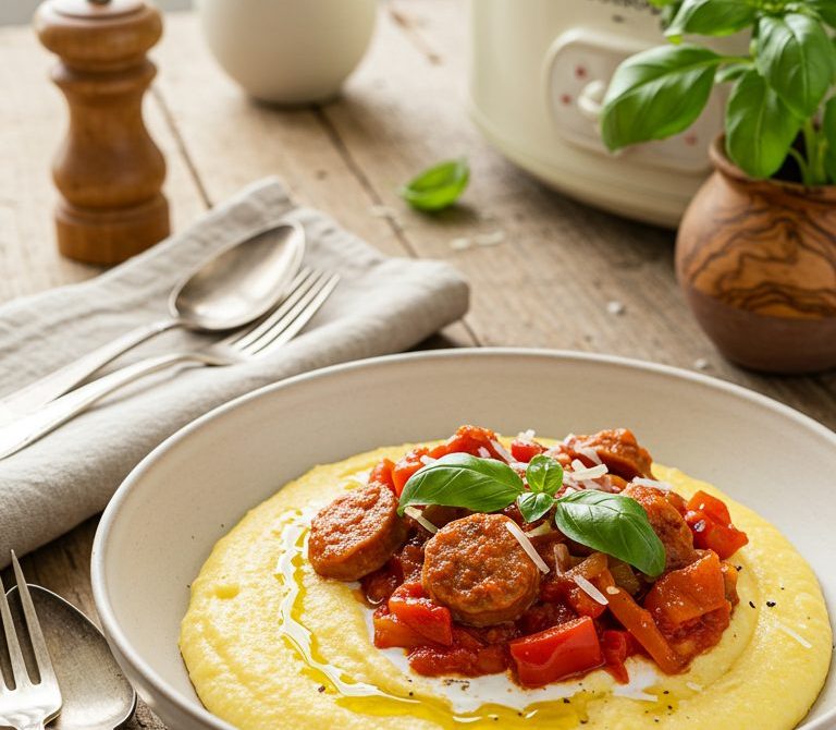 Slow Cooker Sausage and Peppers Ragù with Polenta