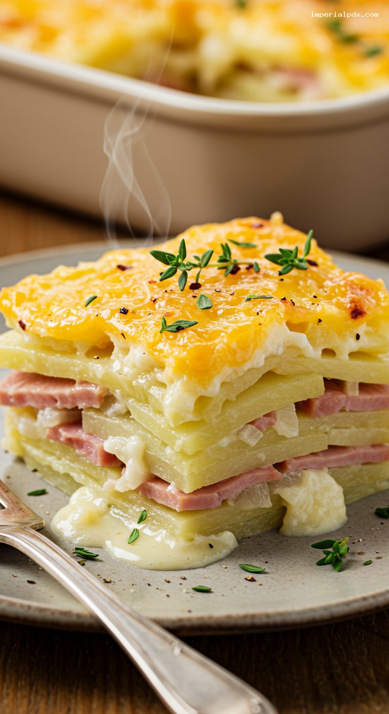 Slow Cooker Scalloped Potatoes and Ham with Cheddar – Closeup