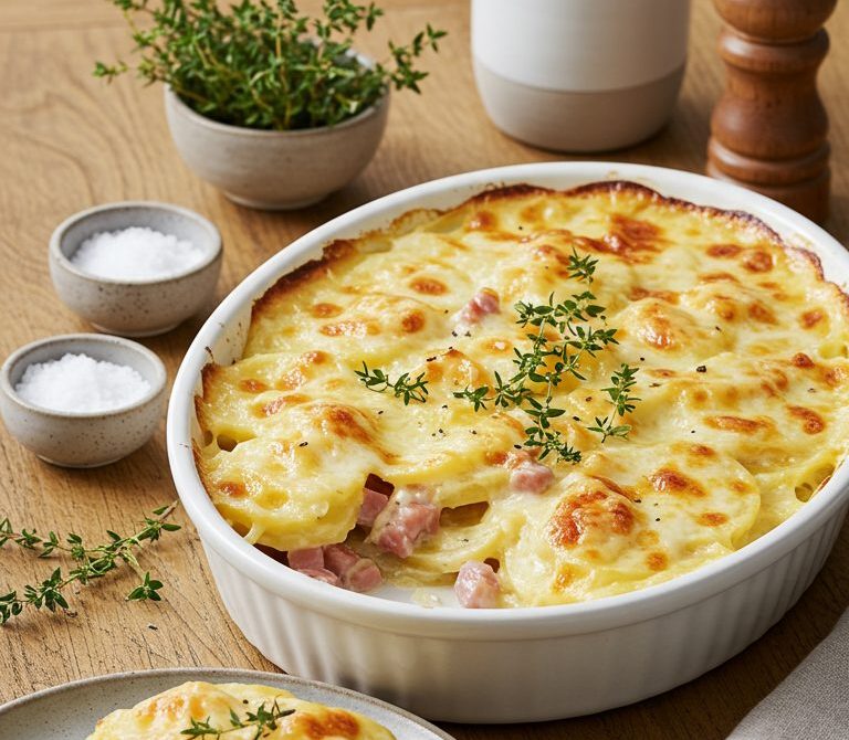 Slow Cooker Scalloped Potatoes and Ham with Cheddar